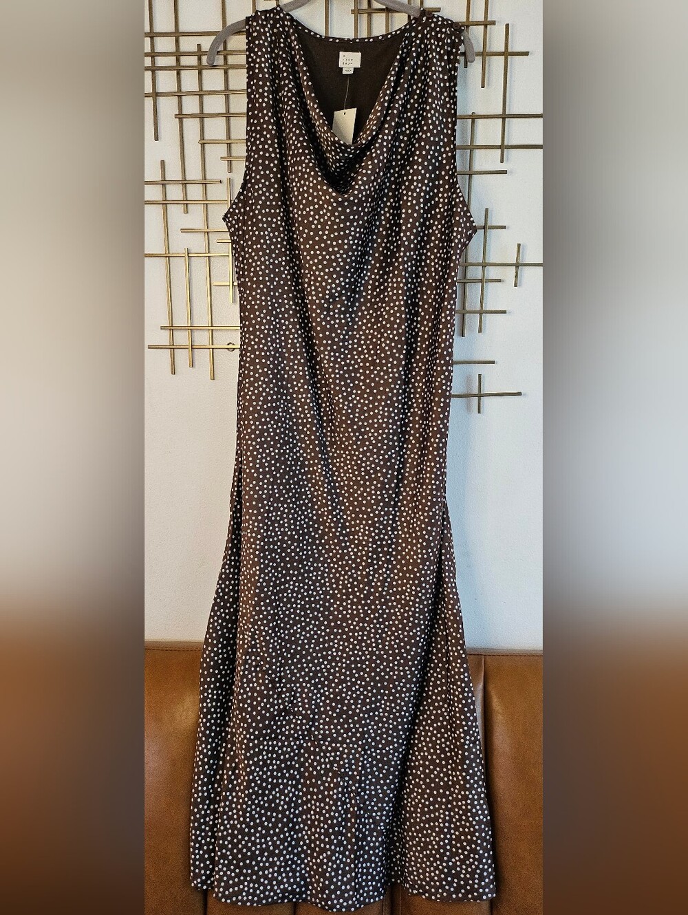 1X- a new day- Sleeveless Brown Polka Dot Cowl Neck Dress- NWT
